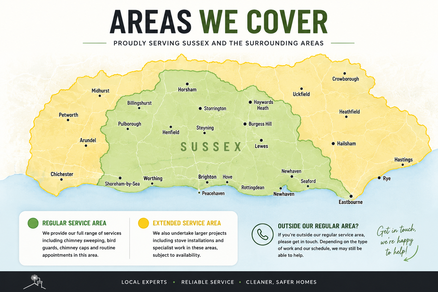 Map showing Pete The Sweep regular and extended service areas across Sussex
